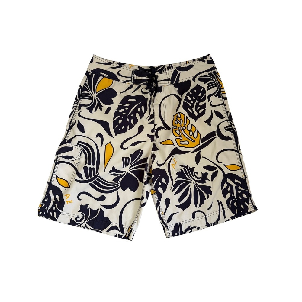 American Eagle Mens Board Shorts Size 34 Tropical Floral Navy Yellow Swim Trunks